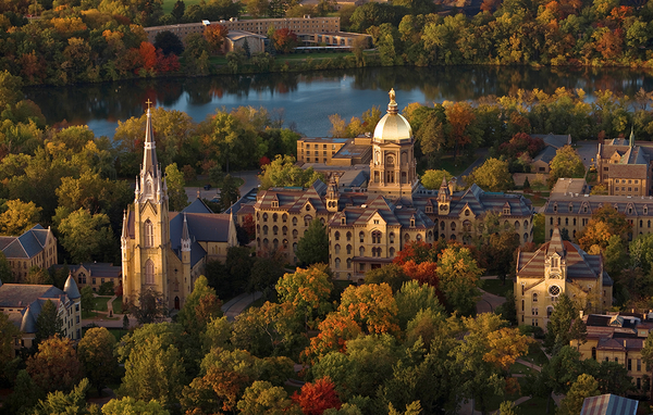 Aerial view of God Quad on Notre Dame's campus.